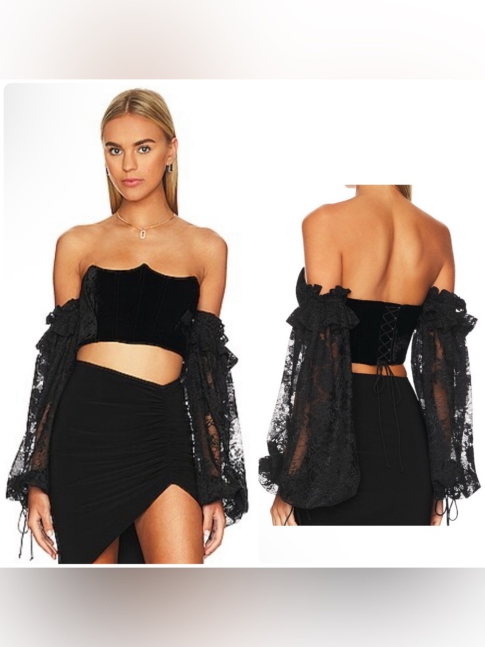 For Love And Lemons Regina Velvet Crop Corset Lace Removable Sleeve Top NWT $176